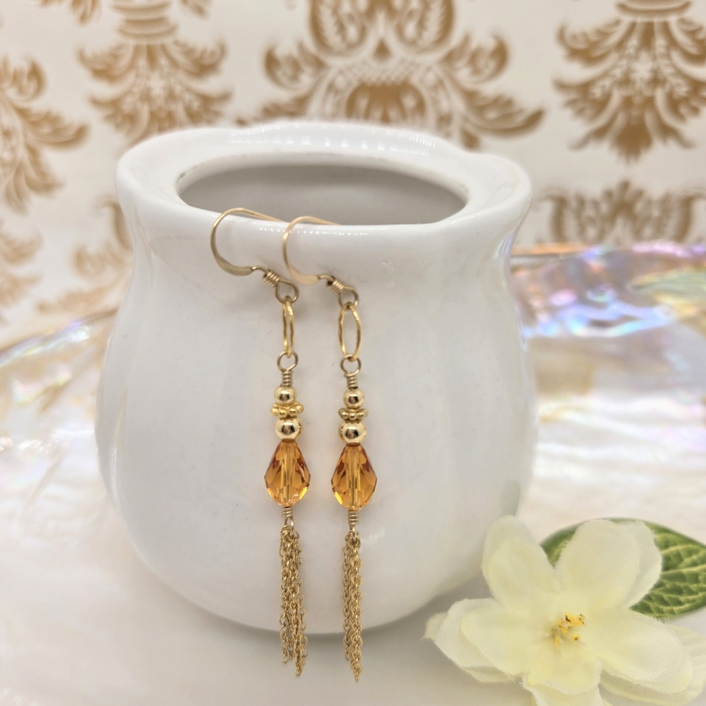 Orange Swarovski Crystal Gold Filled Tassel Dangle Festival Earrings